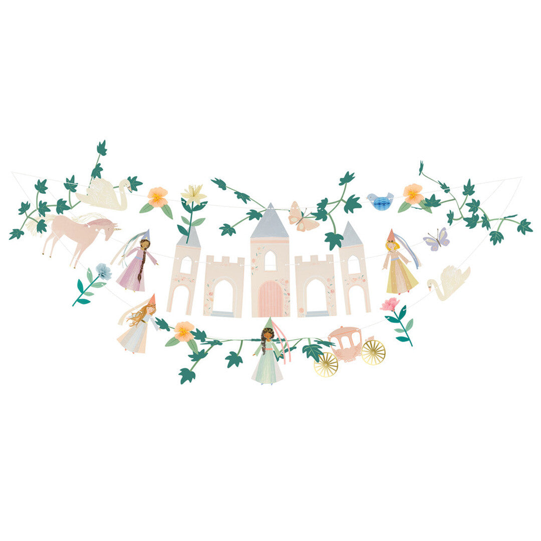 Meri Meri prinsessensprookje slinger met een kasteel, prinsessen, eenhoorn en bloemen.