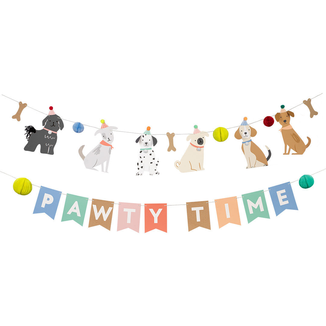 Meri Meri puppy party slinger met hondenfiguren, botjes, pompons en de tekst 'PAWTY TIME'.
