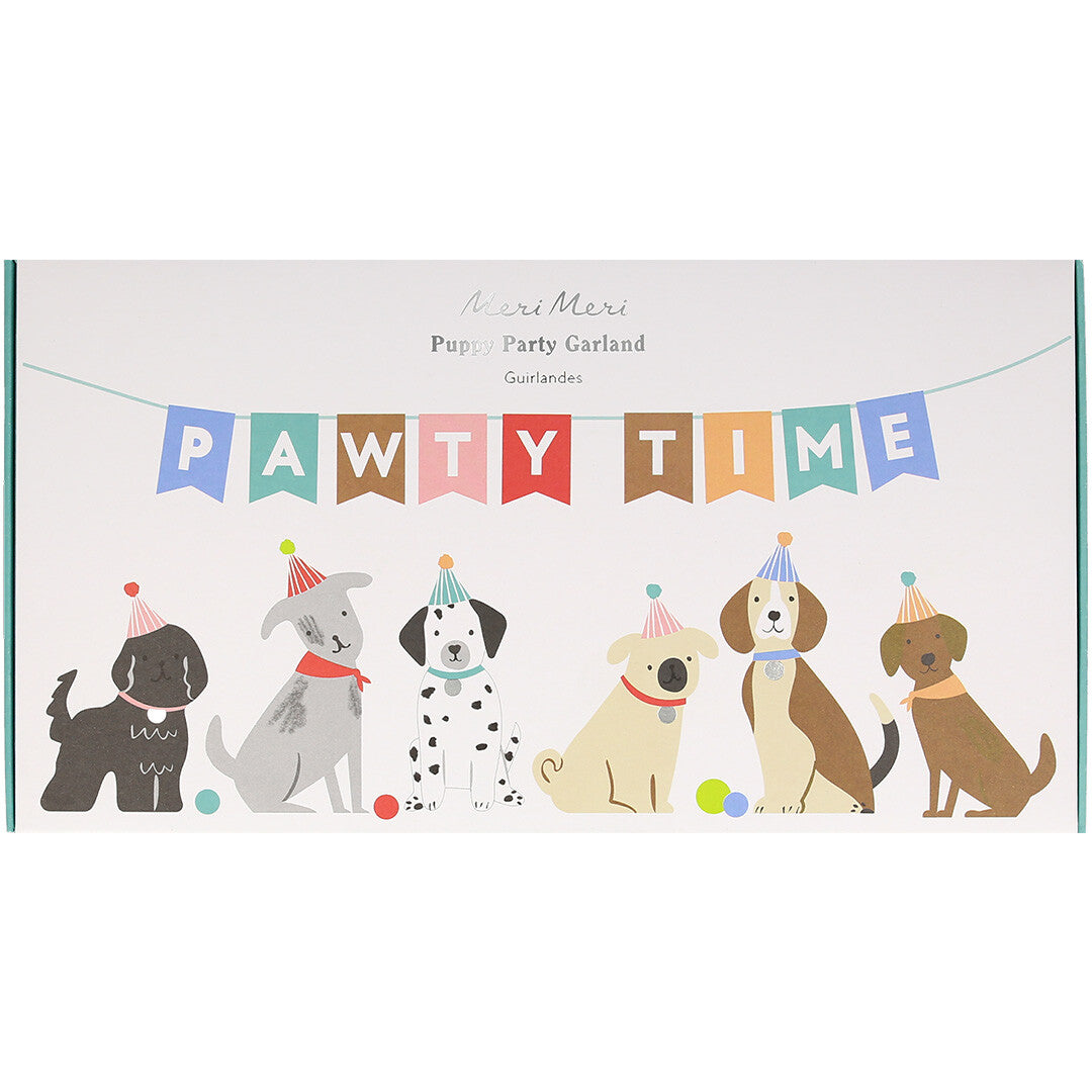 De verpakking van de Meri Meri puppy party slinger met een illustratie van honden en de tekst 'PAWTY TIME'.