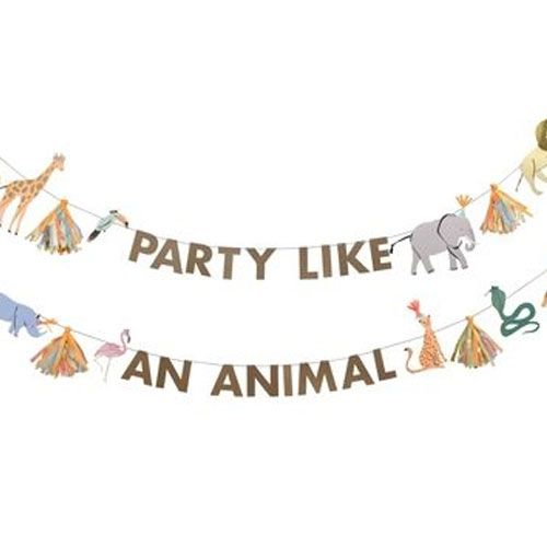 Meri Meri safari slinger met de tekst 'Party Like An Animal', dierenfiguren en kwastjes.