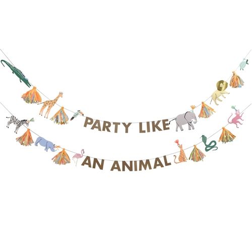 Meri Meri feestelijke safari slinger met diverse dieren, kwastjes en de tekst 'Party Like An Animal'.