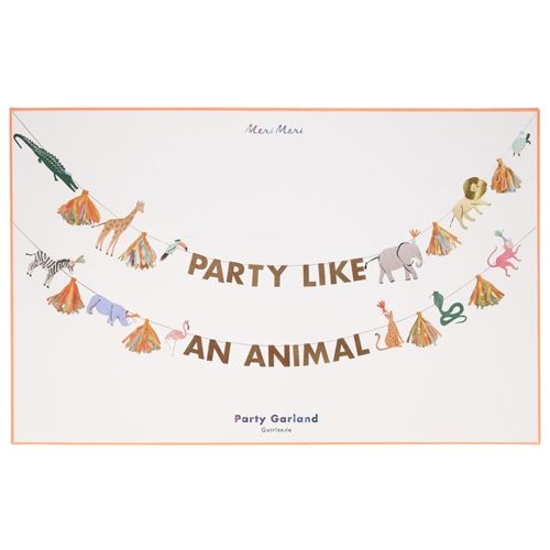 Verpakking van de Meri Meri safari slinger met daarop de slinger afgebeeld met dieren en de tekst 'Party Like An Animal'.
