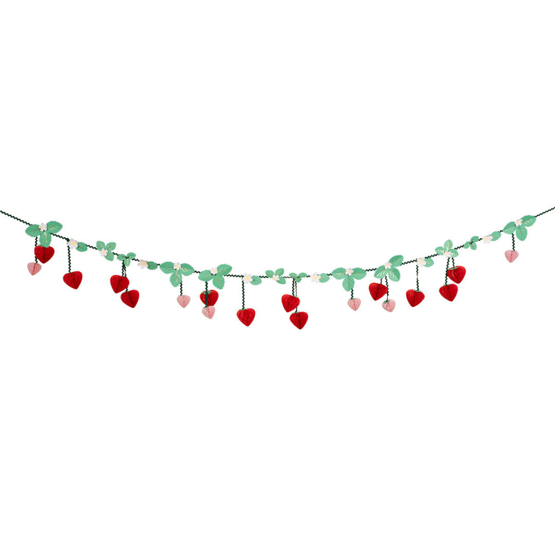 Meri Meri slinger met rode aardbeien en groene bladeren.