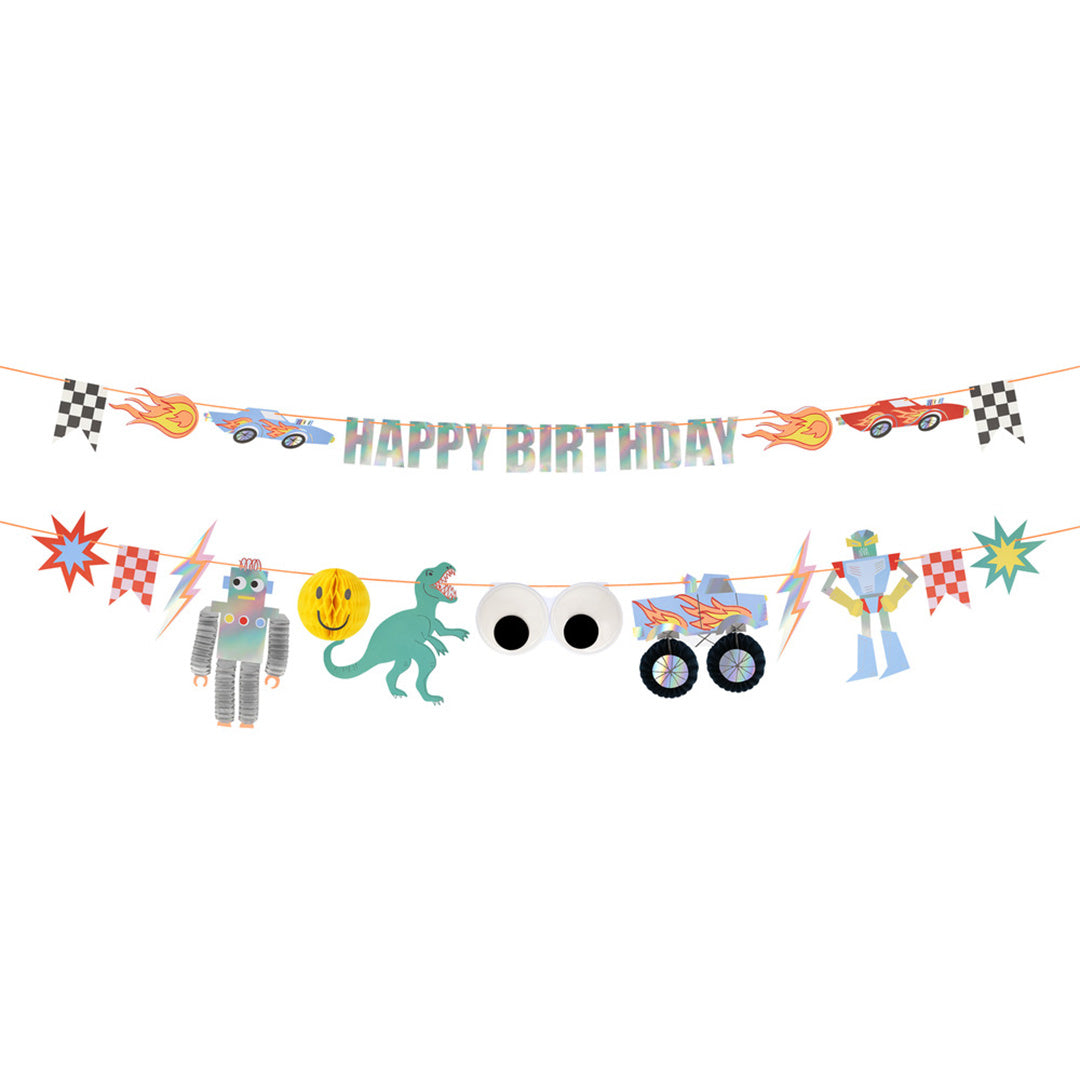 Meri Meri slinger met diverse toybox iconen zoals raceauto's, robots, een dinosaurus en een monster truck, en de tekst 'HAPPY BIRTHDAY'.