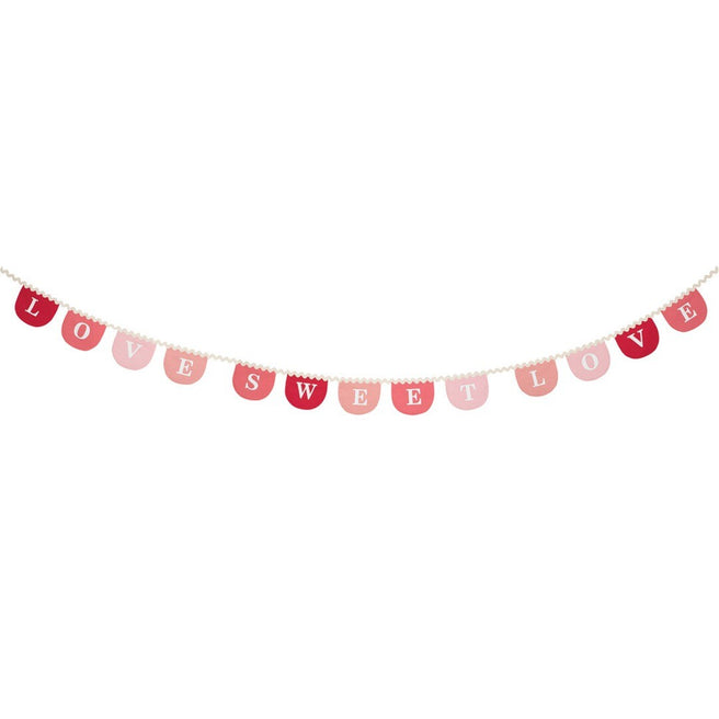 Meri Meri Valentijn slinger met de tekst 'Love Sweet Love' in roze en rode vlaggetjes.