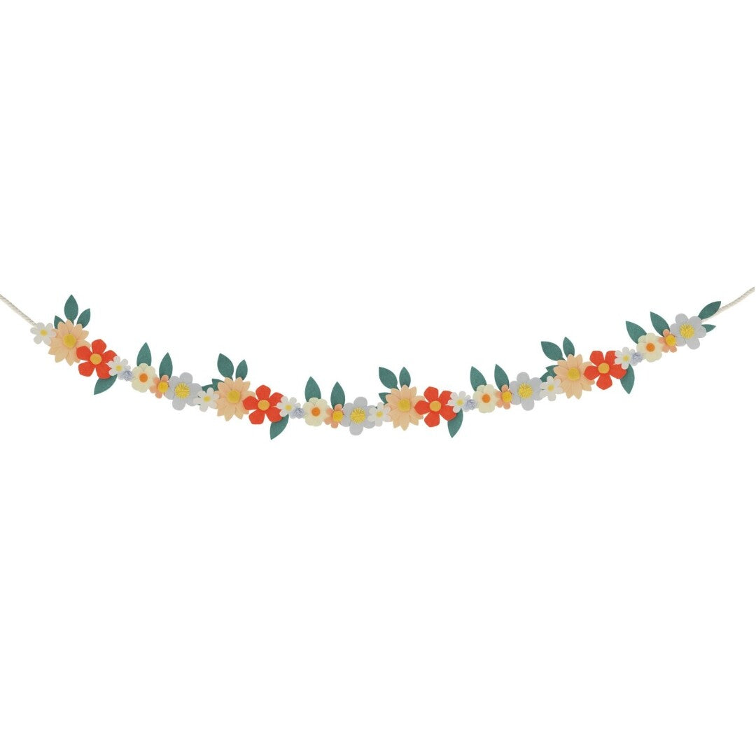 Meri Meri vilten bloemenslinger met veelkleurige bloemen en groene bladeren.