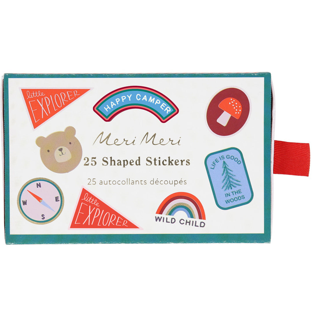 De verpakking van de Meri Meri stickers met camping- en natuurthema's.
