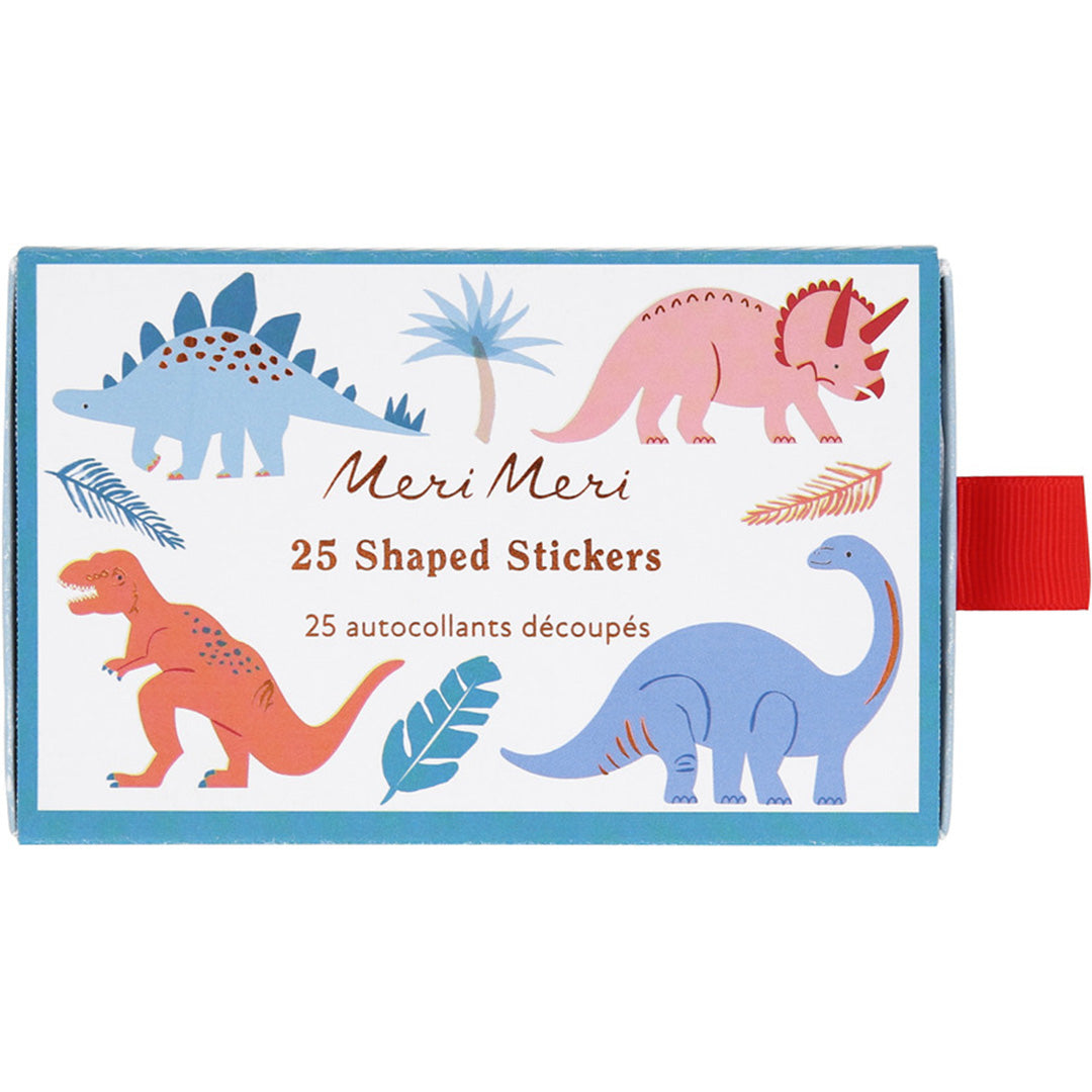 De voorkant van de Meri Meri verpakking met 25 dinosaurus stickers, met illustraties van diverse dino's.