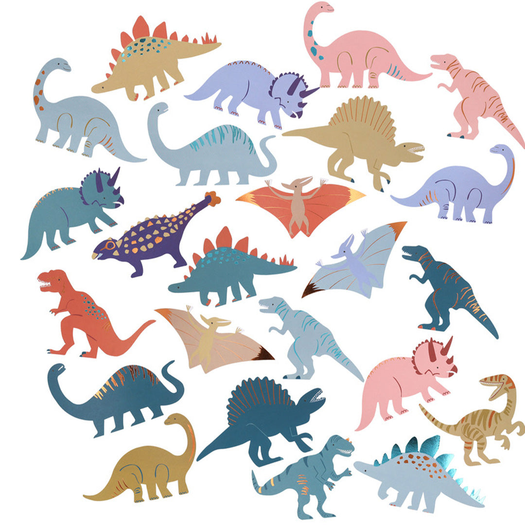 Een collectie van veelkleurige dinosaurus stickers in verschillende vormen en maten.