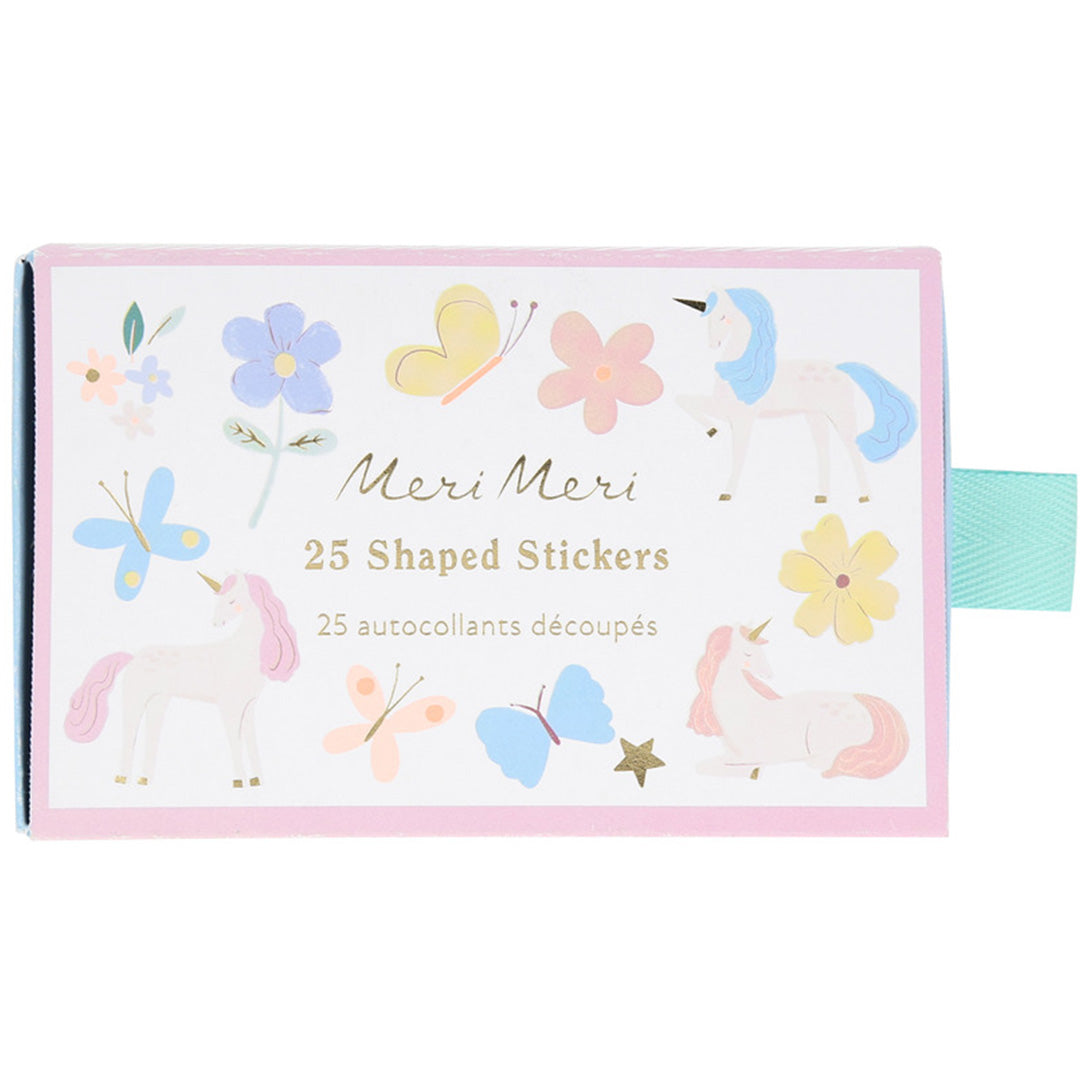 Meri Meri verpakking van 25 gevormde stickers met eenhoorns, vlinders en bloemen.