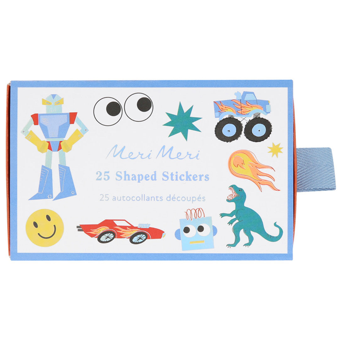Verpakking van de Meri Meri stickers met illustraties van de figuren en de tekst '25 Shaped Stickers'.