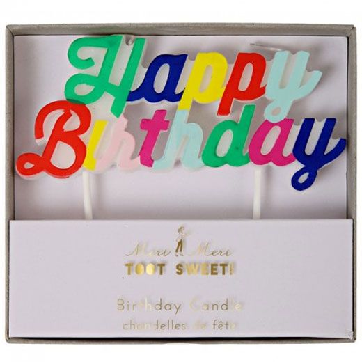 Meri Meri verpakking van een veelkleurige Happy Birthday taartkaars.