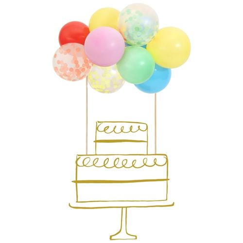 Meri Meri taartversiering met veelkleurige ballonnen, waarvan sommige met confetti, boven een getekende taart.