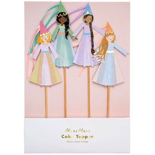 Verpakking van Meri Meri taartversiering met vier prinsessenfiguren.