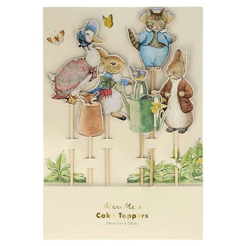 Meri Meri Peter Rabbit cake toppers in de verpakking, met diverse dierenfiguren.