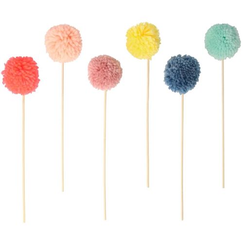 Meri Meri pompom taartversiering, zes gekleurde pompoms op stokjes.