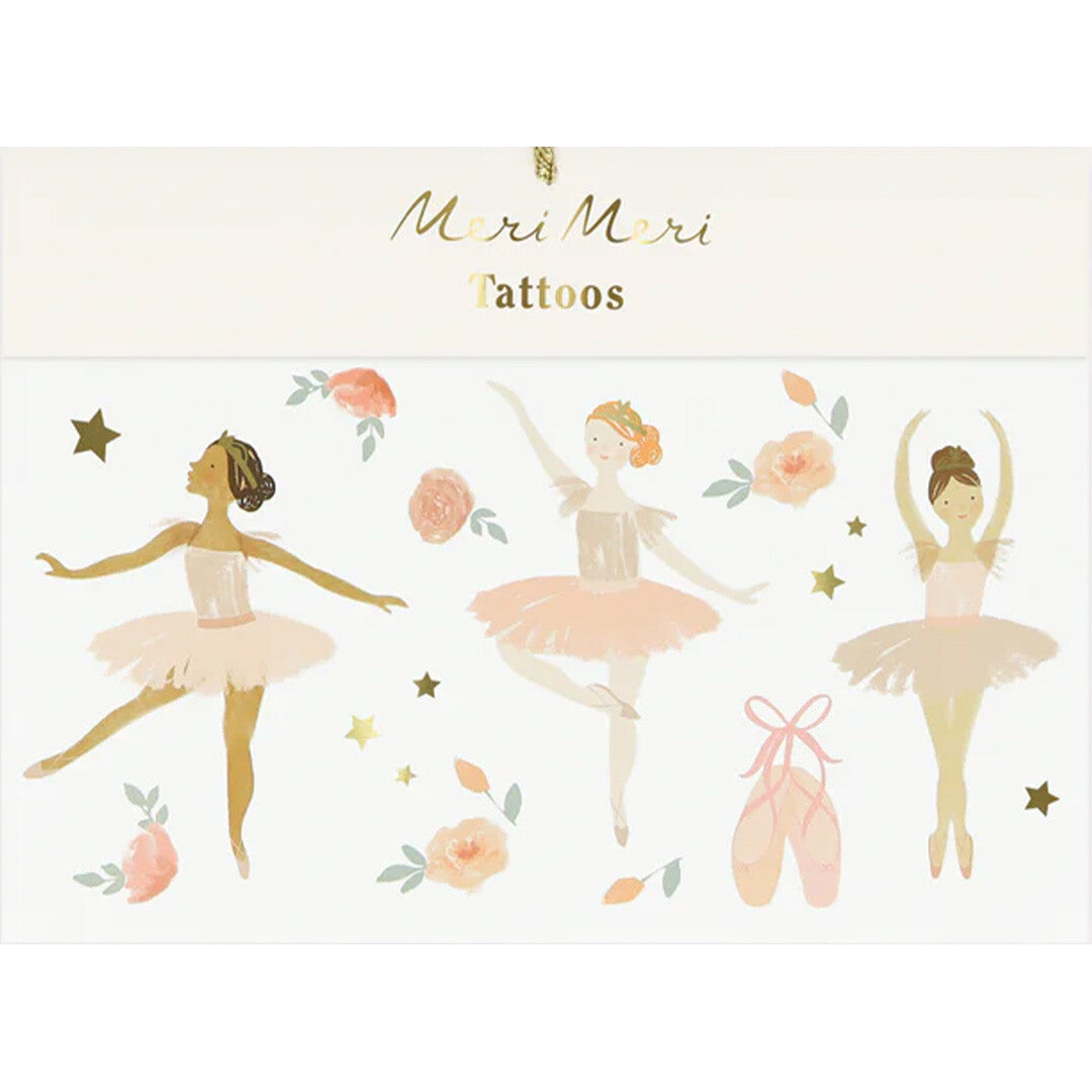 Verpakking van Meri Meri tijdelijke kindertatoeages met ballerina's, bloemen en sterren.
