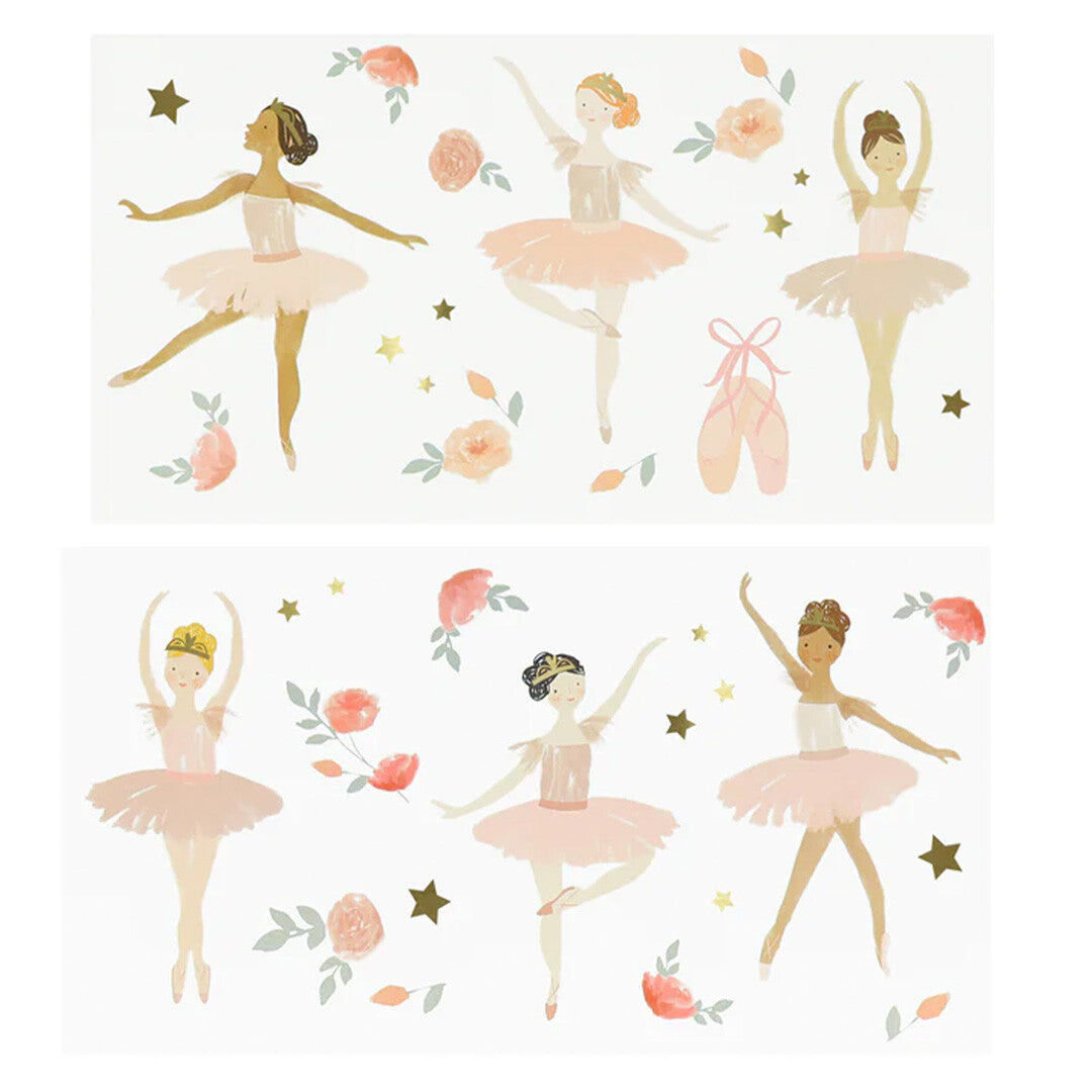 Twee vellen met tijdelijke kindertatoeages van ballerina's, bloemen en sterren.