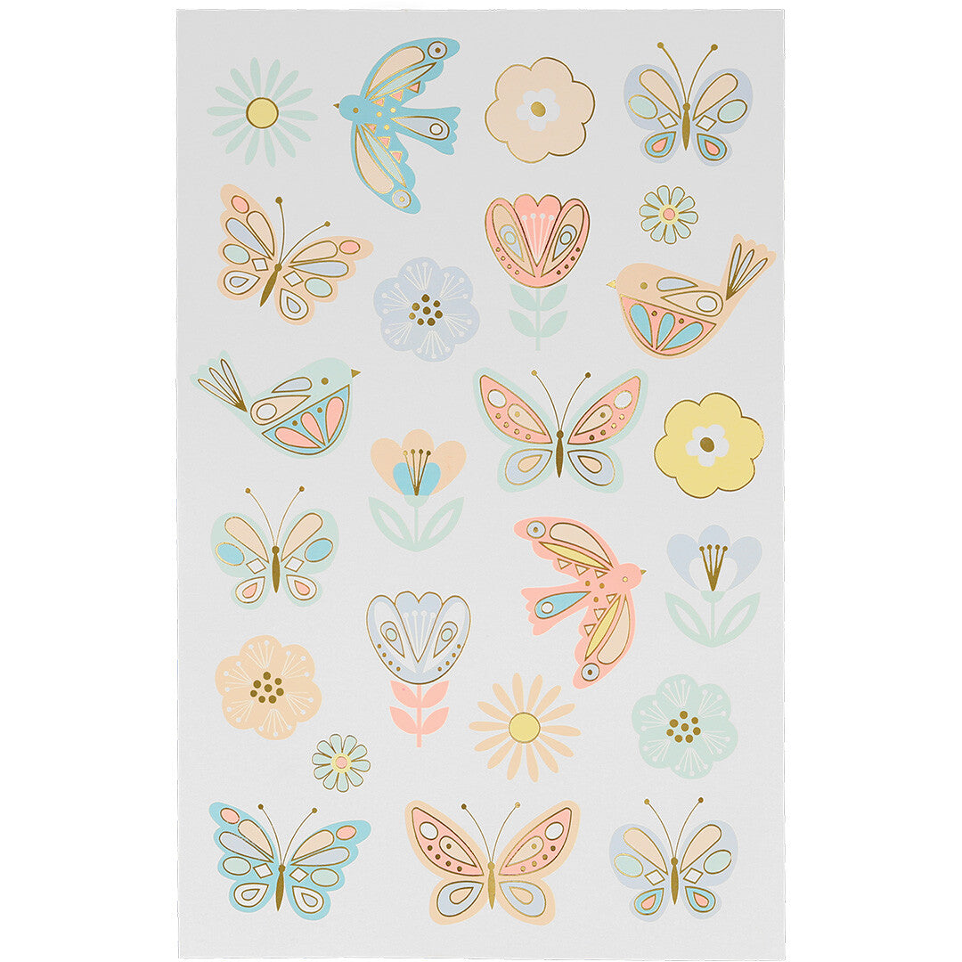 Meri Meri tijdelijke tatoeages voor kinderen met vogels, vlinders en bloemen in pastelkleuren.