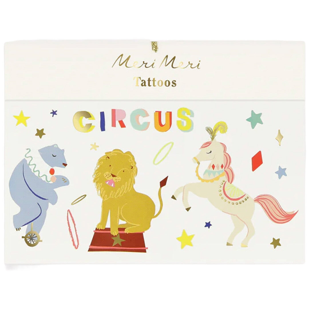 Meri Meri verpakking van tijdelijke kindertatoeages met circusdieren zoals een beer, leeuw en paard.