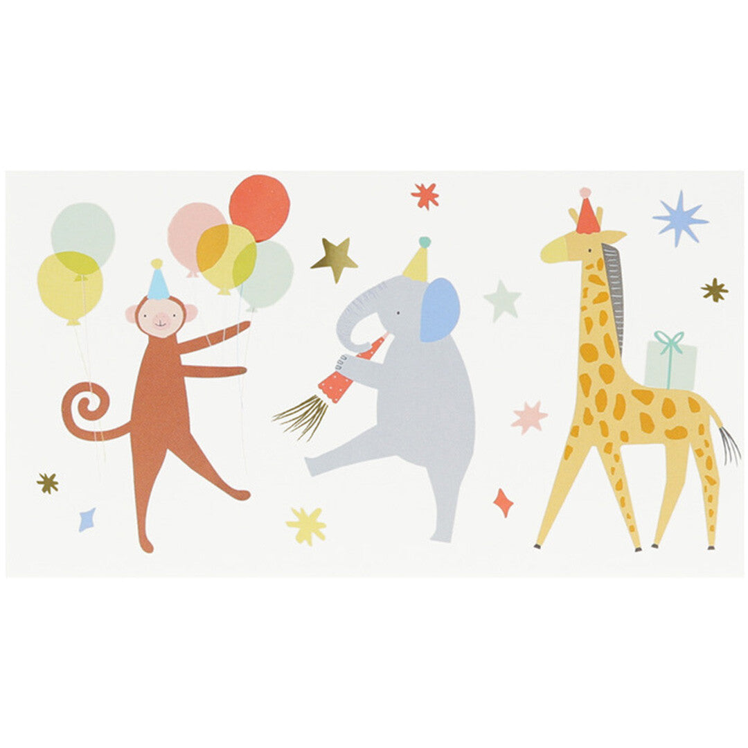Detail van tijdelijke tattoos met een feestende aap, olifant en giraffe.