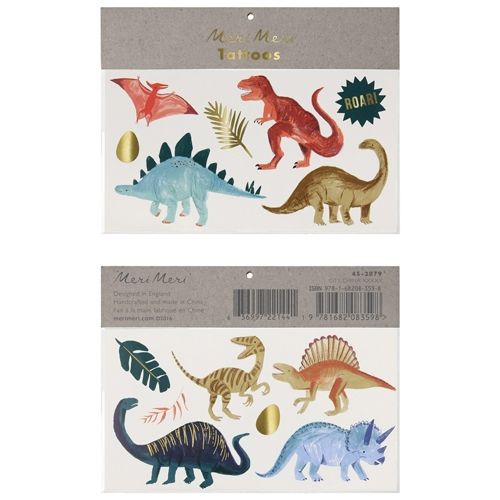 Verpakking van de Meri Meri dinosaurus tattoos, met verschillende dinosaurusafbeeldingen op de voor- en achterkant.