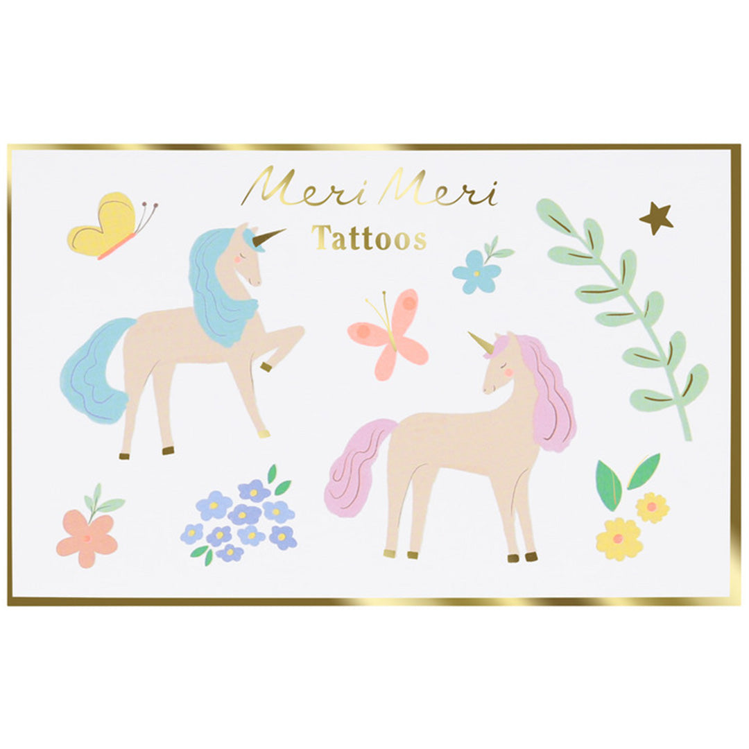 Meri Meri tijdelijke tatoeages voor kinderen, met eenhoorns, vlinders en bloemen op de verpakking.