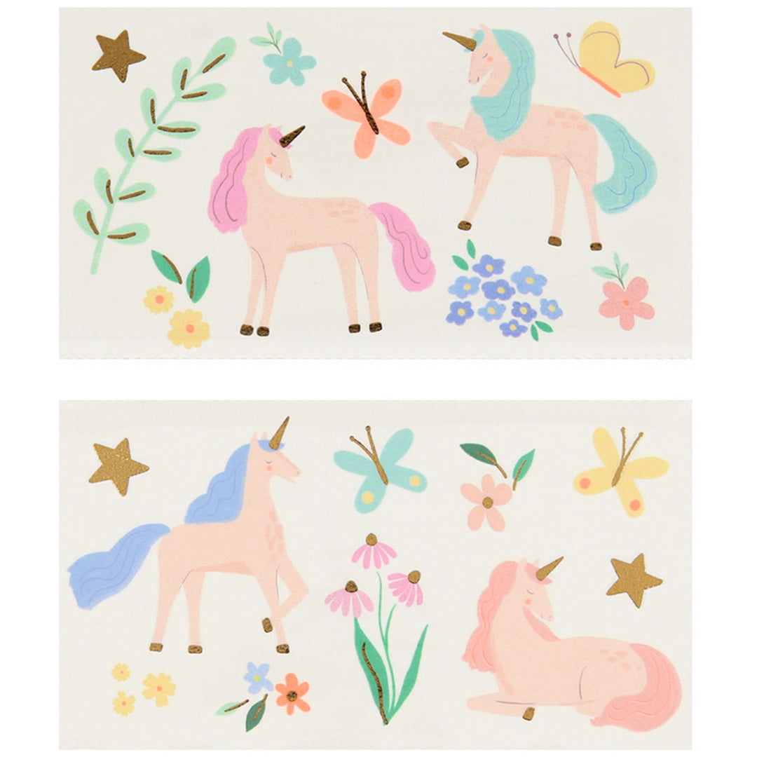 Collectie Meri Meri tijdelijke tatoeages voor kinderen met verschillende eenhoorns, vlinders, bloemen en sterren.