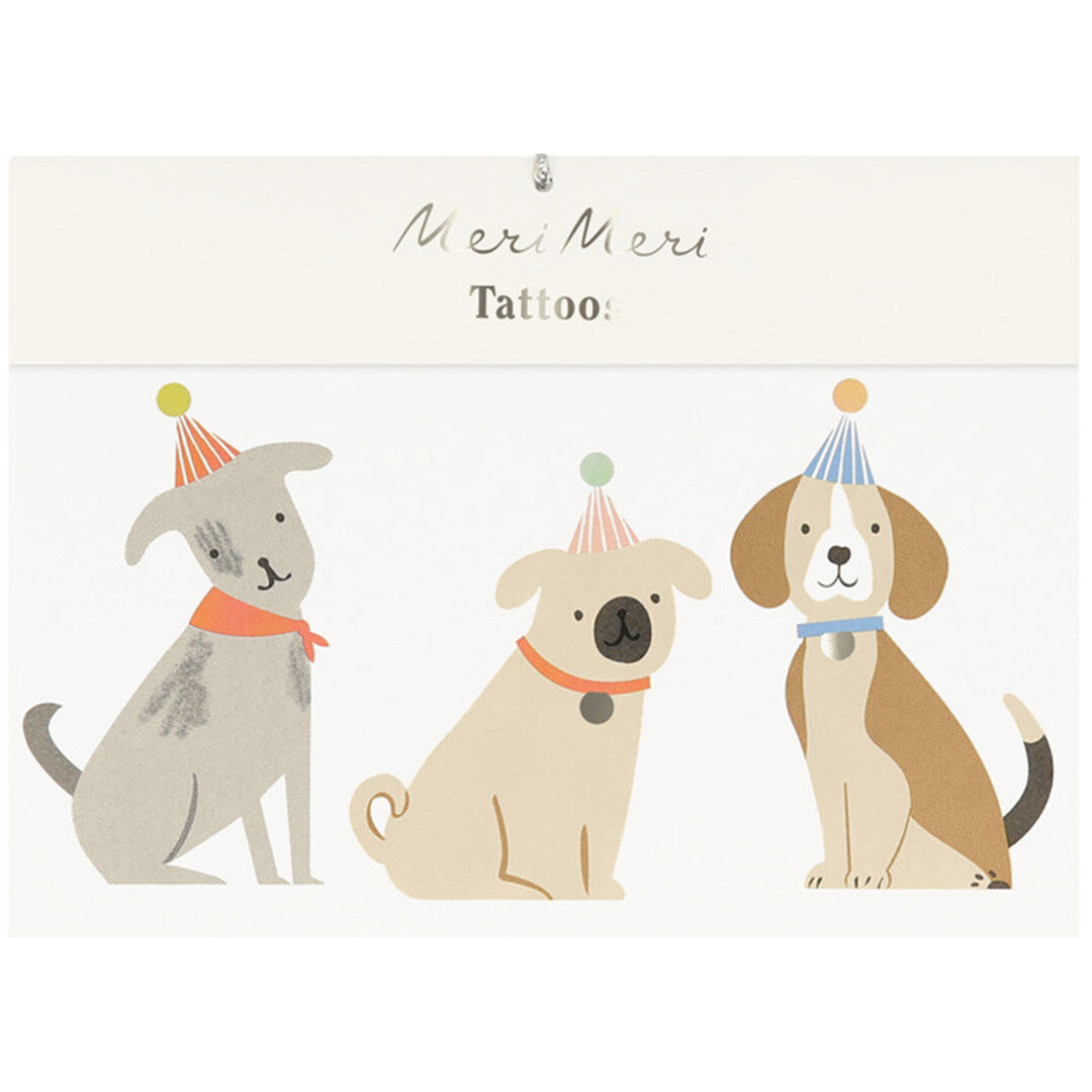 Meri Meri tijdelijke tatoeages voor kinderen, verpakking met drie honden met feesthoedjes.