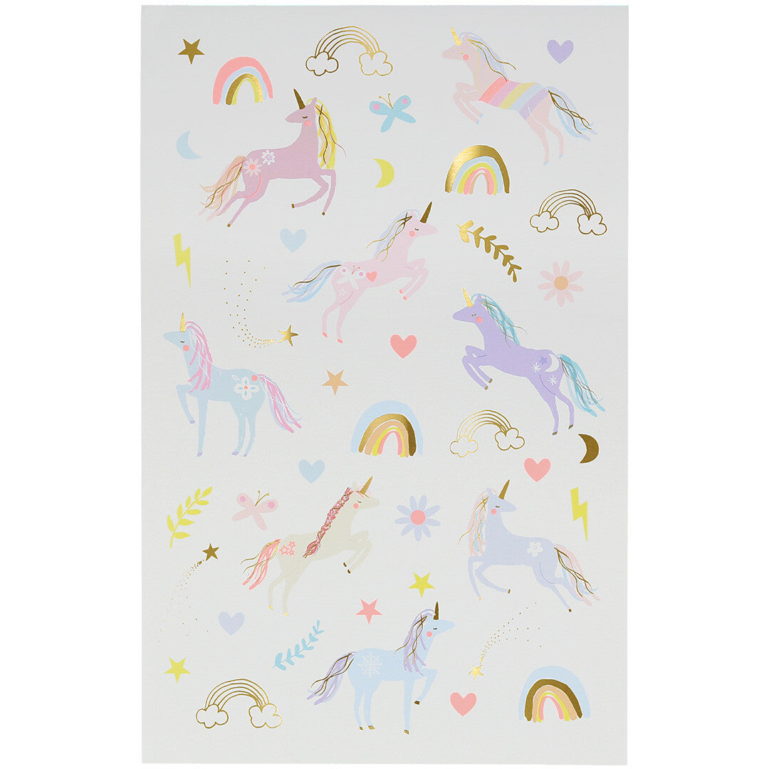 Meri Meri tijdelijke tatoeages voor kinderen met eenhoorns, regenbogen en sterren.