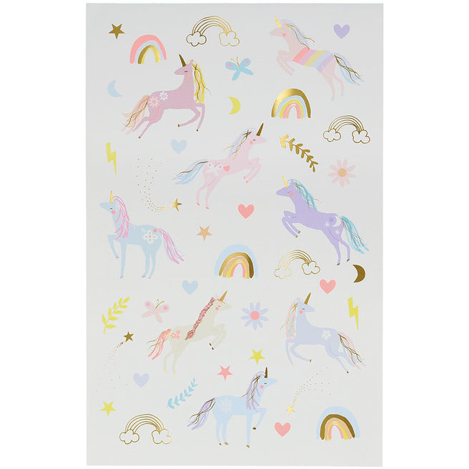 Meri Meri tijdelijke tatoeages voor kinderen met eenhoorns, regenbogen en sterren.