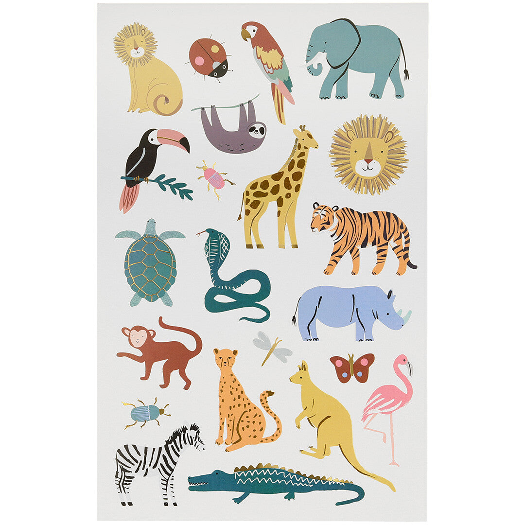 Meri Meri vel met kleurrijke tijdelijke kindertatoeages van diverse wilde dieren.