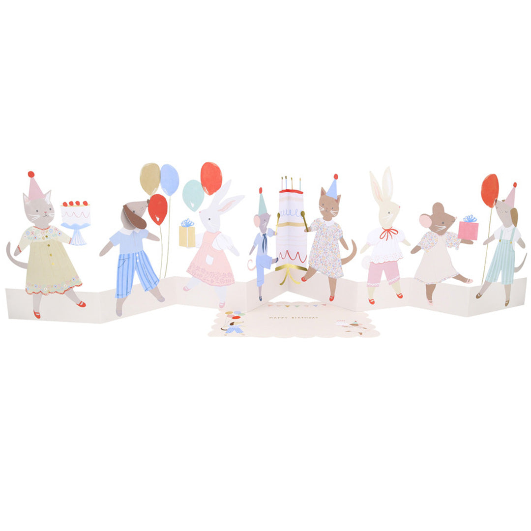 Meri Meri pop-up verjaardagskaart met dierenfiguren die een feestje vieren met ballonnen en taart.