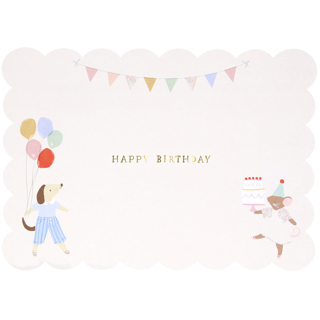 Binnenkant van de Meri Meri verjaardagskaart met een hond, muis, ballonnen, taart en de tekst "HAPPY BIRTHDAY".