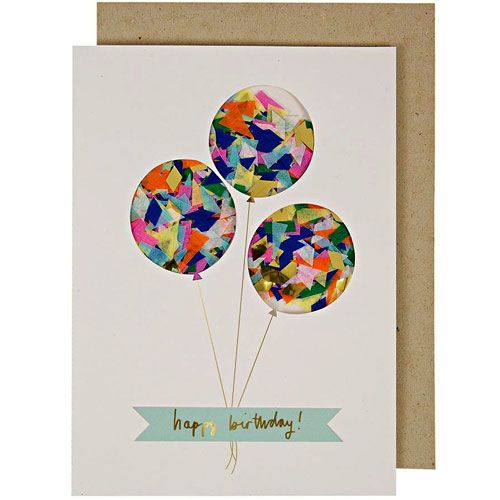 Meri Meri verjaardagskaart met drie uitgesneden ballonnen gevuld met kleurrijke confetti en de tekst 'happy birthday'.