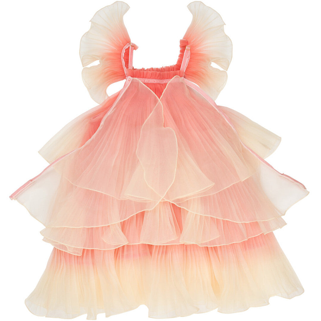 Achterkant van de Meri Meri feeënjurk met roze-crème gelaagde rok en ruches op de schouders.