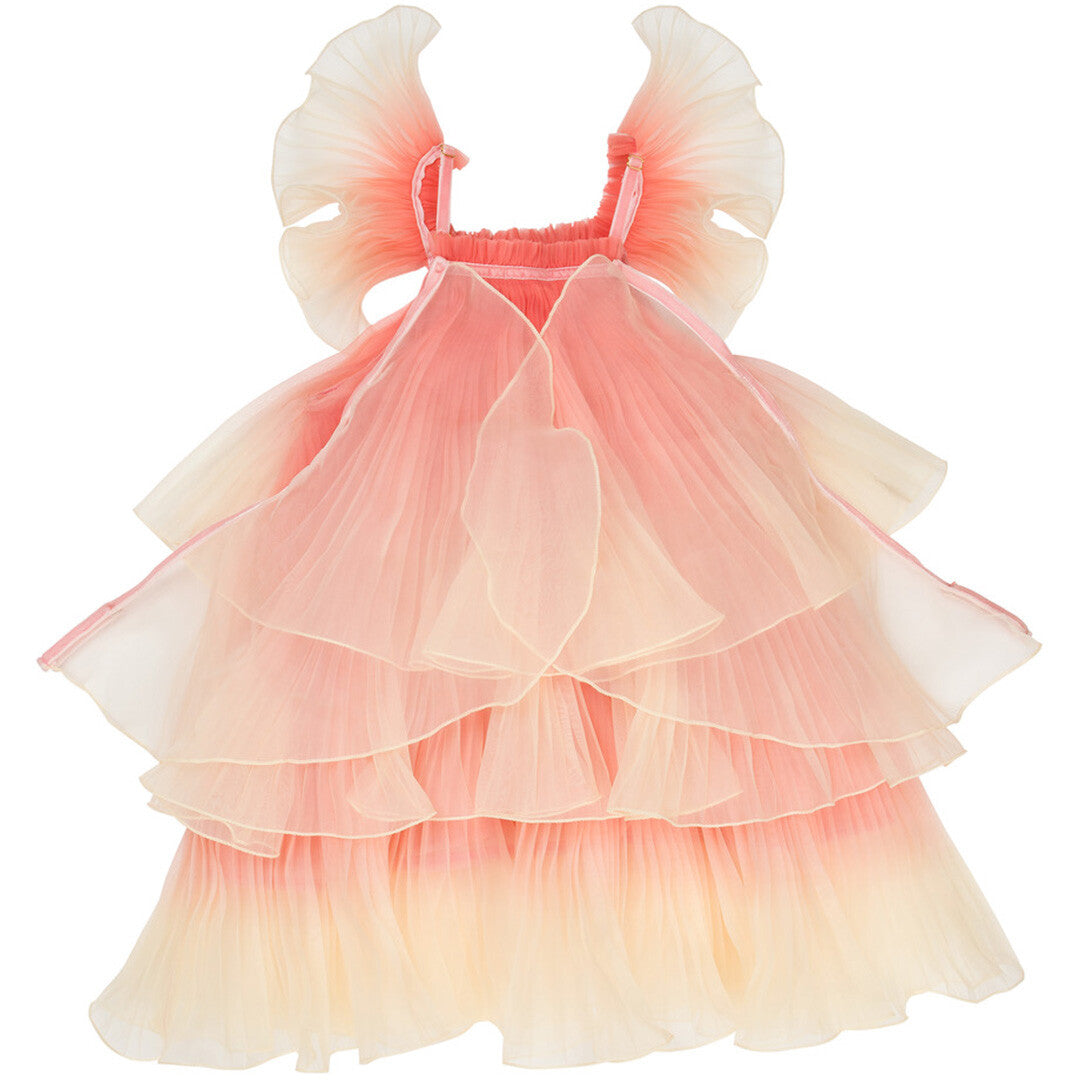 Meri Meri verkleedjurk voor kinderen in roze-crème ombré met gelaagde ruches, van achteren gezien.