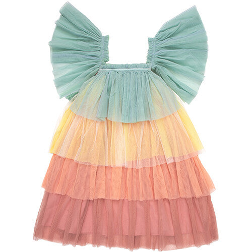 Meri Meri verkleedkleding regenboogprinses, een gelaagde regenboogjurk van tule met grote mouwen.