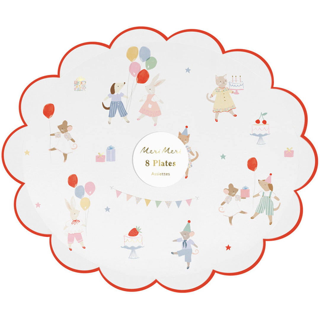Verpakking van Meri Meri feestborden met een rode geschulpte rand en illustraties van feestvierende dieren, met een label '8 Plates'.