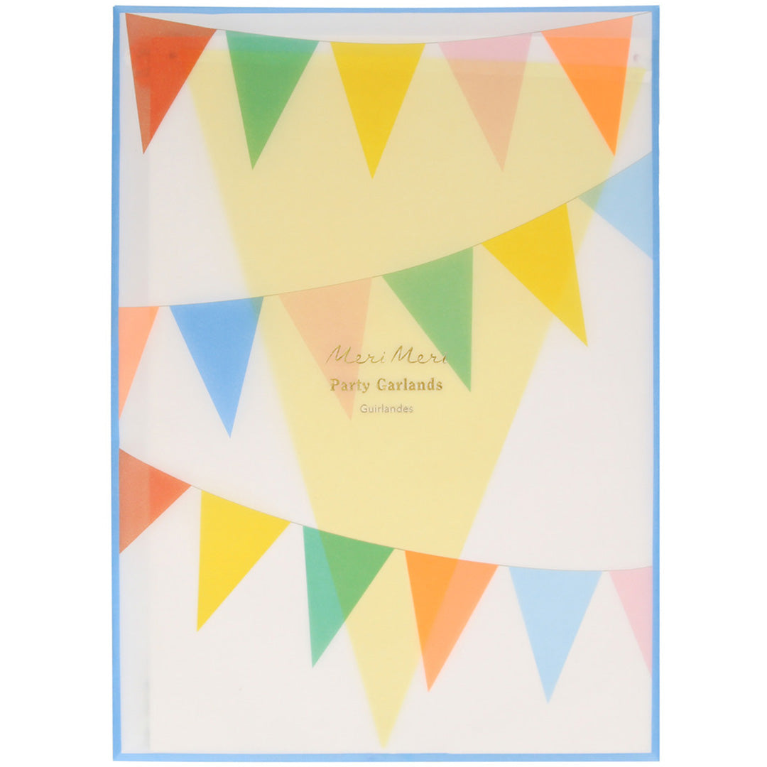 Verpakking van de Meri Meri Party Garlands met een afbeelding van kleurrijke vlaggetjesslingers.