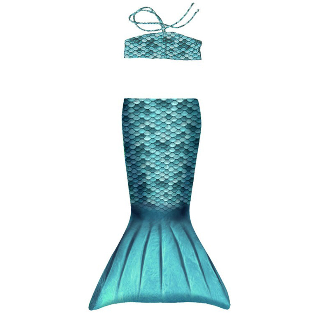 Kuaki Mermaids turquoise zeemeerminstaart en bijpassende bikinitop met schubbenpatroon.