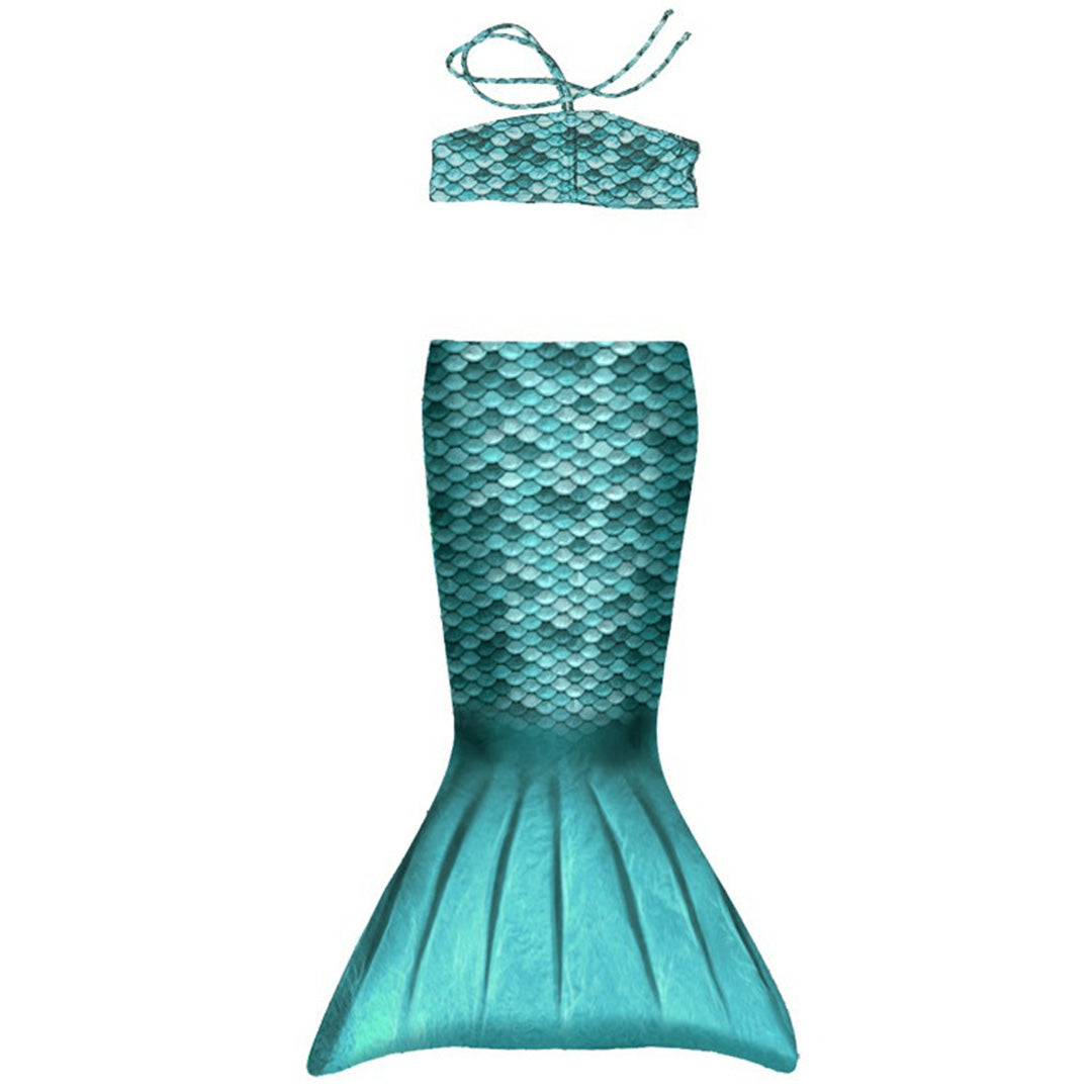 Kuaki mermaids turquoise zeemeerminstaart met bijpassende bikinitop, plat gefotografeerd.