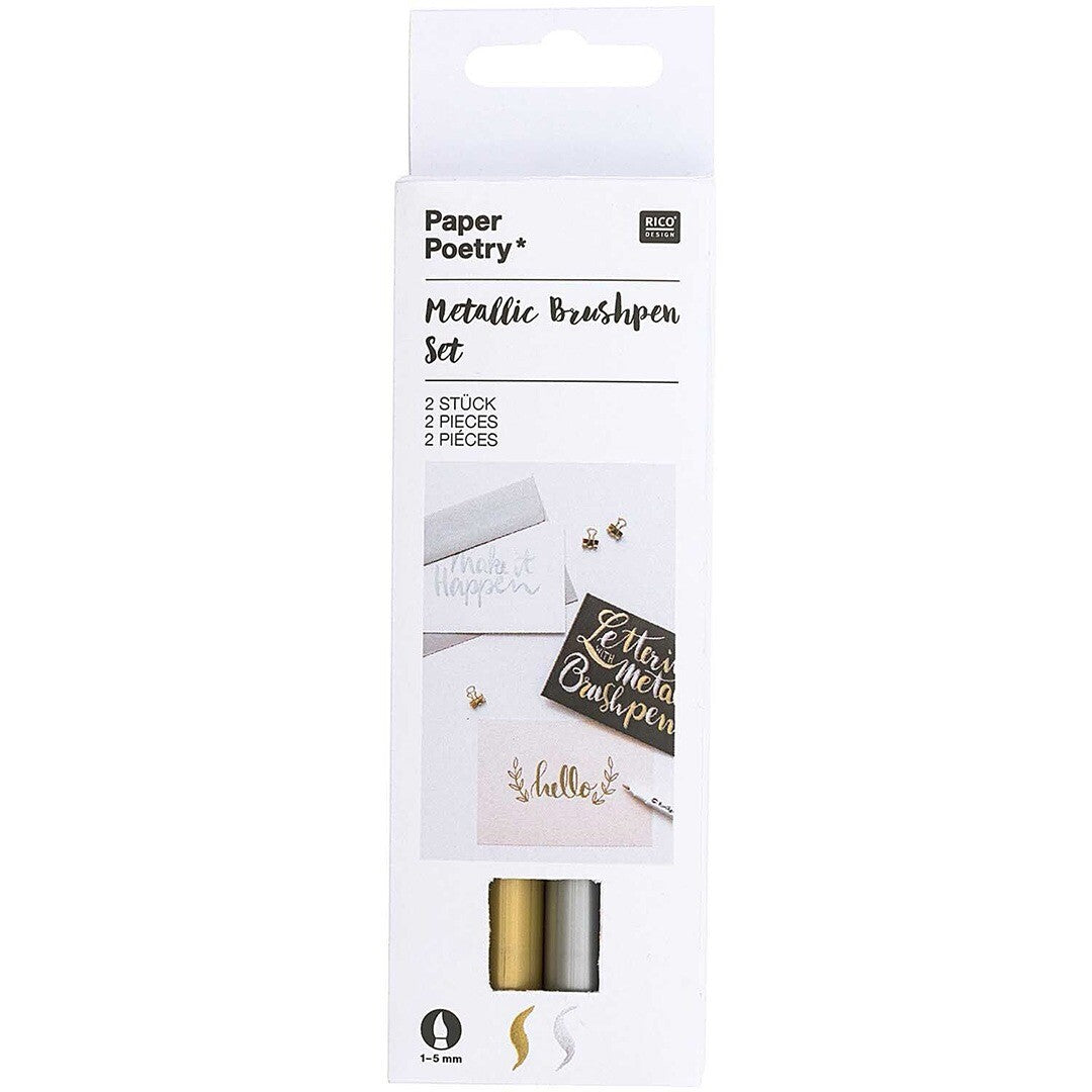 Verpakking van de Rico Design Metallic Brushpen Set met twee pennen in goud en zilver.