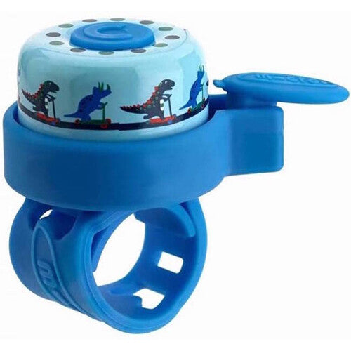 Micro blauwe fietsbel met dinosauruspatroon op scooters.