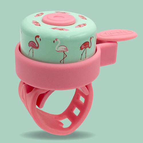 Micro fietsbel met roze en mintgroene flamingopatroon.
