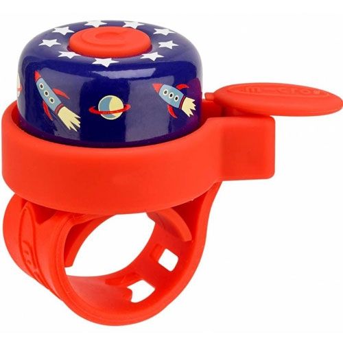 micro fietsbel met raket- en sterrenpatroon in rood en blauw.