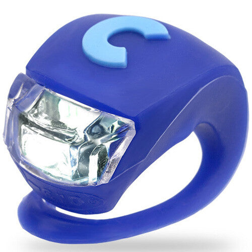 micro step donkerblauw siliconen fietslampje met een lichtblauw logo.