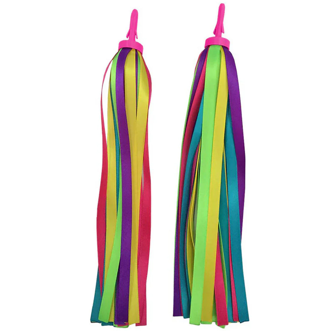 Twee paar veelkleurige neon stuurslingers voor een kinderstep.