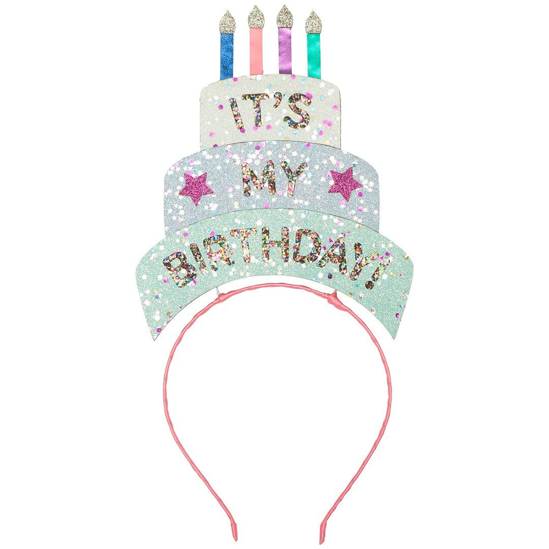 mimi & lula kinderhoofdband met een glitterende verjaardagstaart en de tekst 'It's My Birthday'.