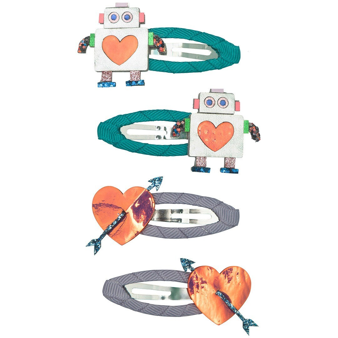 Vier mimi & lula haarspeldjes voor kinderen, twee met robotfiguren en twee met harten.